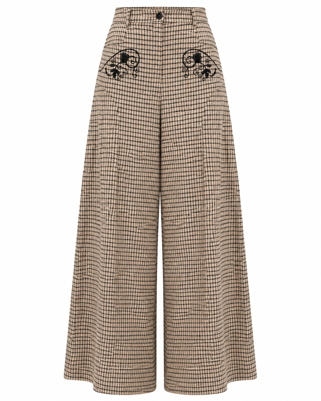 PANTALÓN PALAZZO CUADROS CON BORDADOS  - IVORY