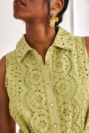 OPEN EMBROIDERY SHIRT DRESS - GREEN