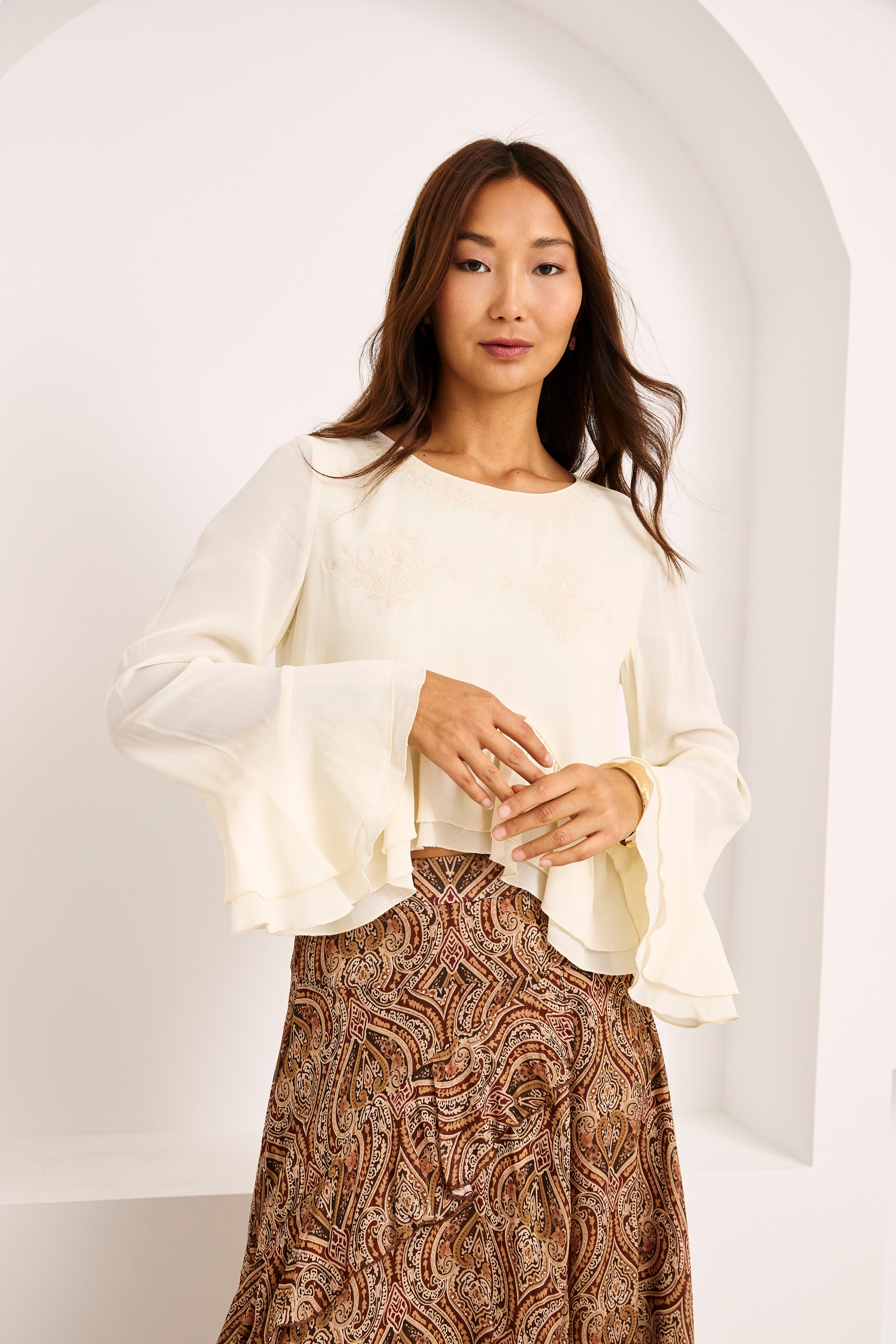 BLUSA VOLANTES Y BORDADOS - IVORY
