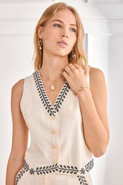 LINEN VEST WITH EMBROIDERED BORDERS - RAW