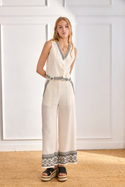 LINEN VEST WITH EMBROIDERED BORDERS - RAW