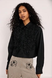 BLUSA CAMISERA VOLANTES - NEGRO