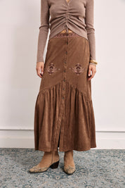 SUEDE SKIRT WITH EMBROIDERY AND RUFFLE - CAMEL - CAMEL