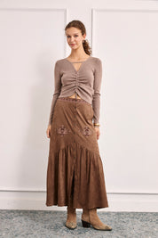 SUEDE SKIRT WITH EMBROIDERY AND RUFFLE - CAMEL - CAMEL