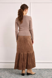 SUEDE SKIRT WITH EMBROIDERY AND RUFFLE - CAMEL - CAMEL