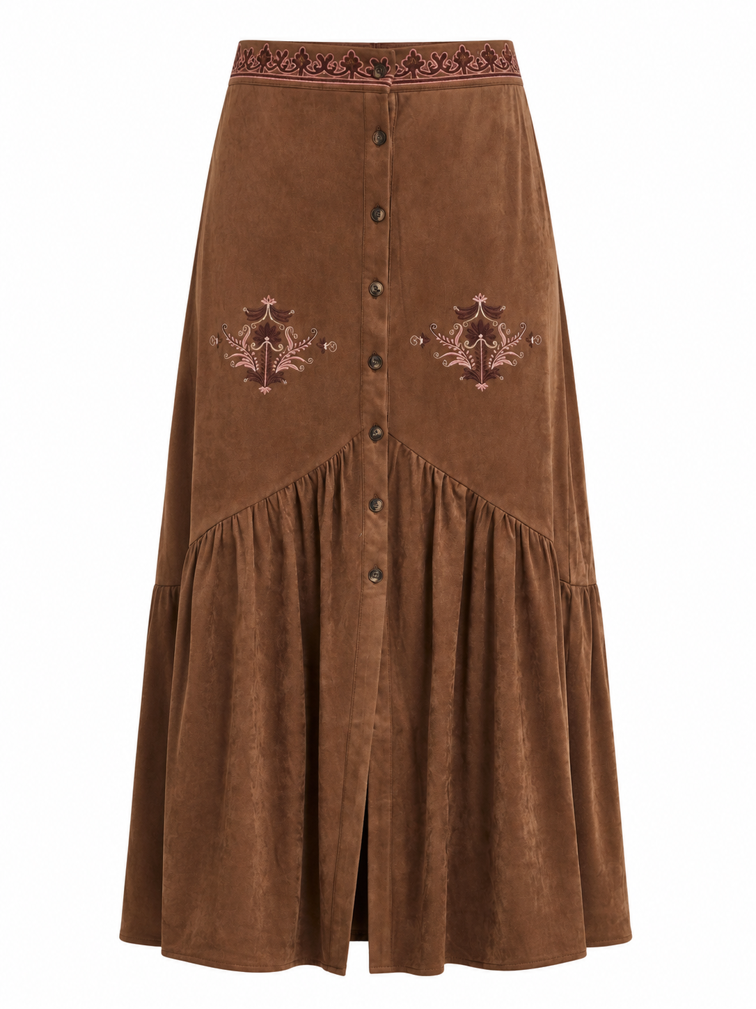 SUEDE SKIRT WITH EMBROIDERY AND RUFFLE - CAMEL - CAMEL