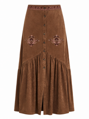 SUEDE SKIRT WITH EMBROIDERY AND RUFFLE - CAMEL - CAMEL