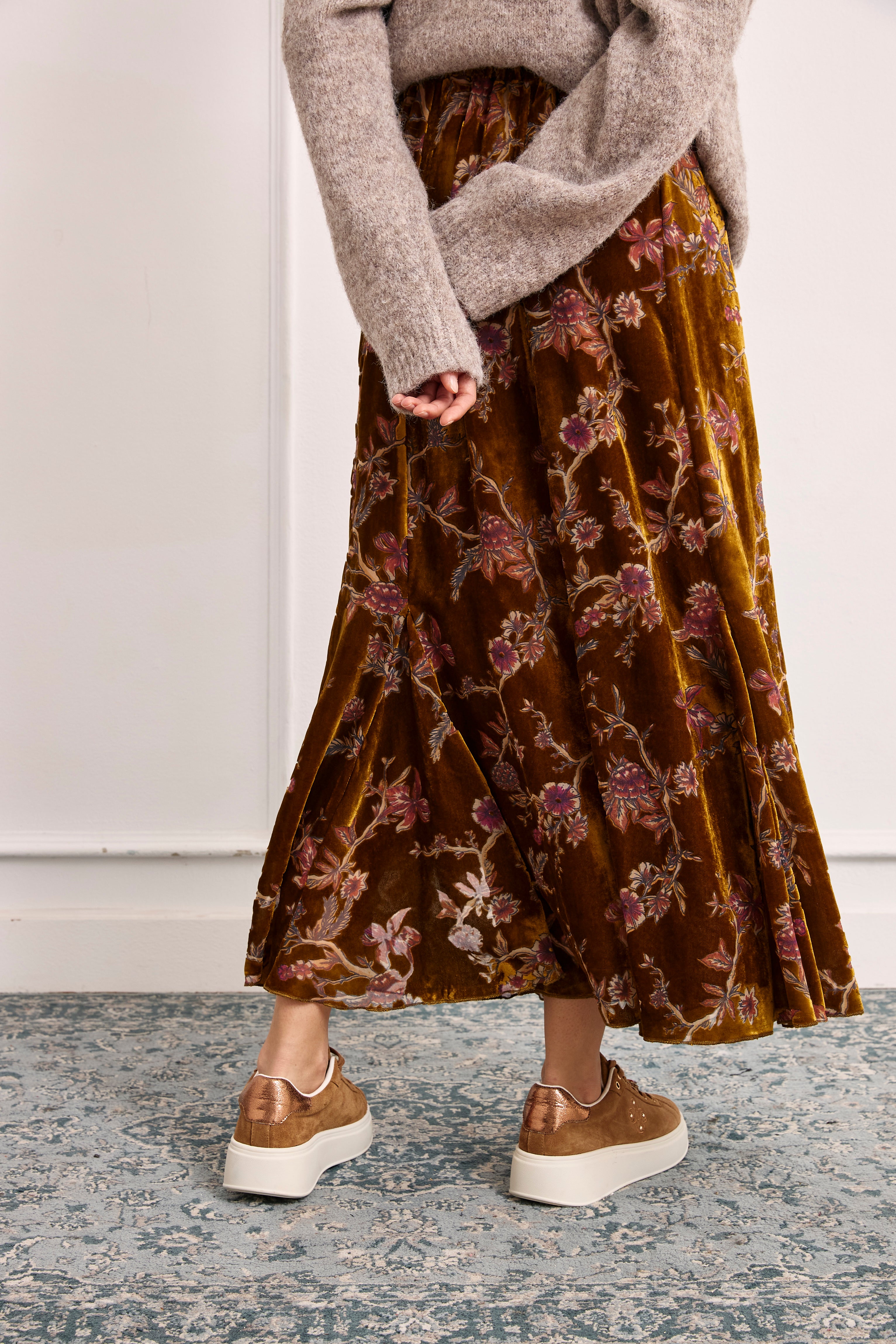 FALDA TERCIOPELO FLOCADO FLORAL - BRONCE