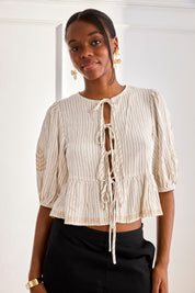 Linen blouse with pinstripe and ties - off-white