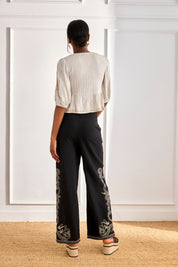 Linen blouse with pinstripe and ties - off-white