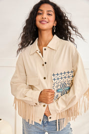 DENIM JACKET WITH EMBROIDERY AND FRINGES - RAW