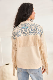 DENIM JACKET WITH EMBROIDERY AND FRINGES - RAW
