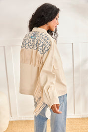 DENIM JACKET WITH EMBROIDERY AND FRINGES - RAW