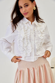 BLUSA CAMISERA OVERSIZED VOLANTES JABOT - BLANCO