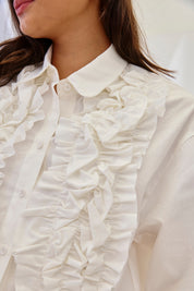 BLUSA CAMISERA OVERSIZED VOLANTES JABOT - BLANCO