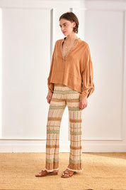 OVERSIZED LINEN BLOUSE WITH MAO PINSTRIPE - CAMEL