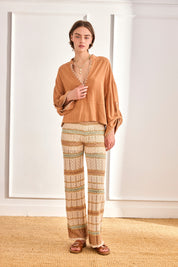 OVERSIZED LINEN BLOUSE WITH MAO PINSTRIPE - CAMEL
