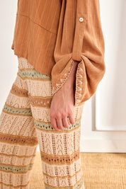 OVERSIZED LINEN BLOUSE WITH MAO PINSTRIPE - CAMEL