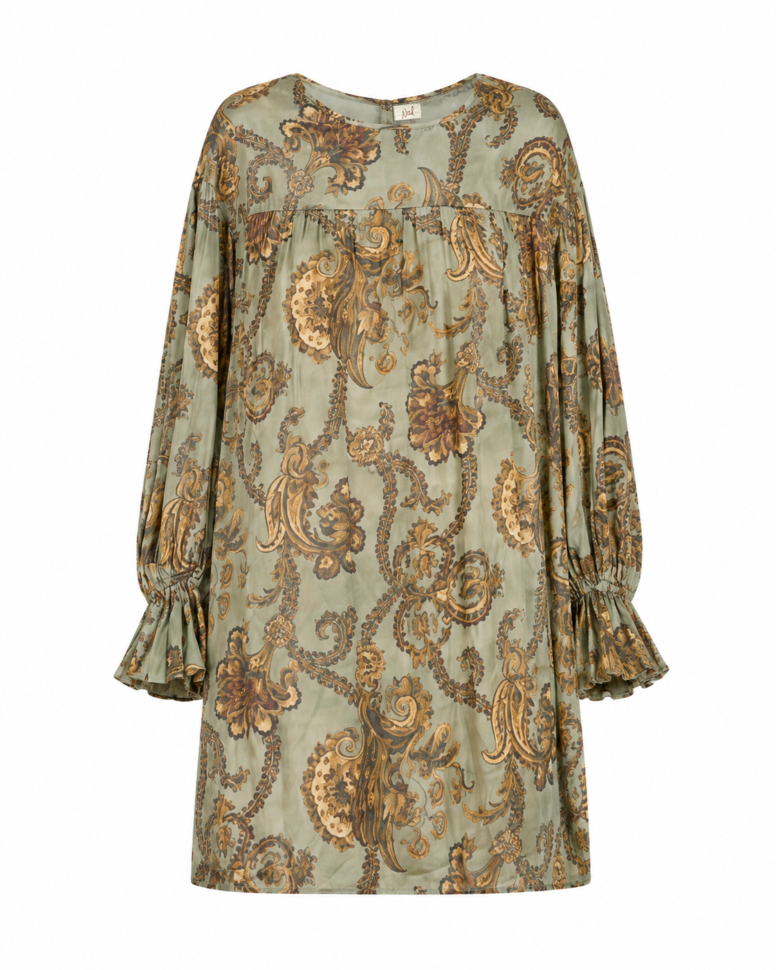 SILKY DRESS WITH HERALDIC FLOWERS - KHAKI