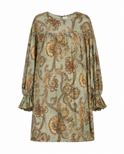SILKY DRESS WITH HERALDIC FLOWERS - KHAKI