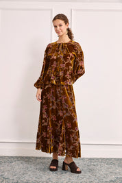 FLORAL FLOCKED VELVET BLOUSE - BRONZE
