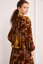 FLORAL FLOCKED VELVET BLOUSE - BRONZE