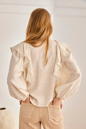 PLEATED AND RUFFLED BLOUSE - OFF-WHITE