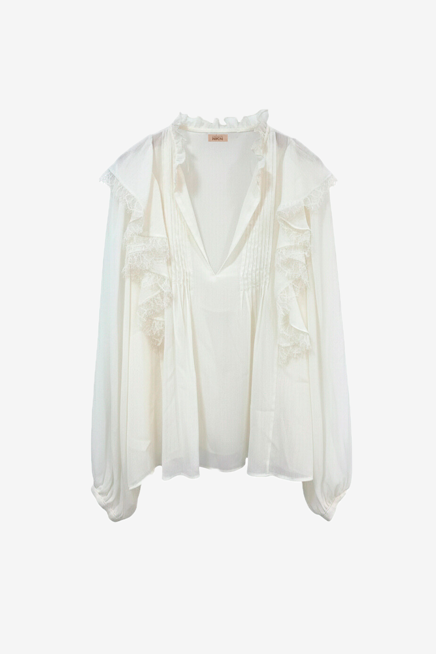 BLUSA PLISADOS Y VOLANTES - CRUDO