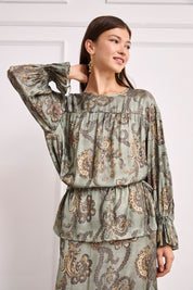SILKY BLOUSE WITH HERALDIC FLOWERS - KHAKI
