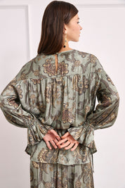 SILKY BLOUSE WITH HERALDIC FLOWERS - KHAKI
