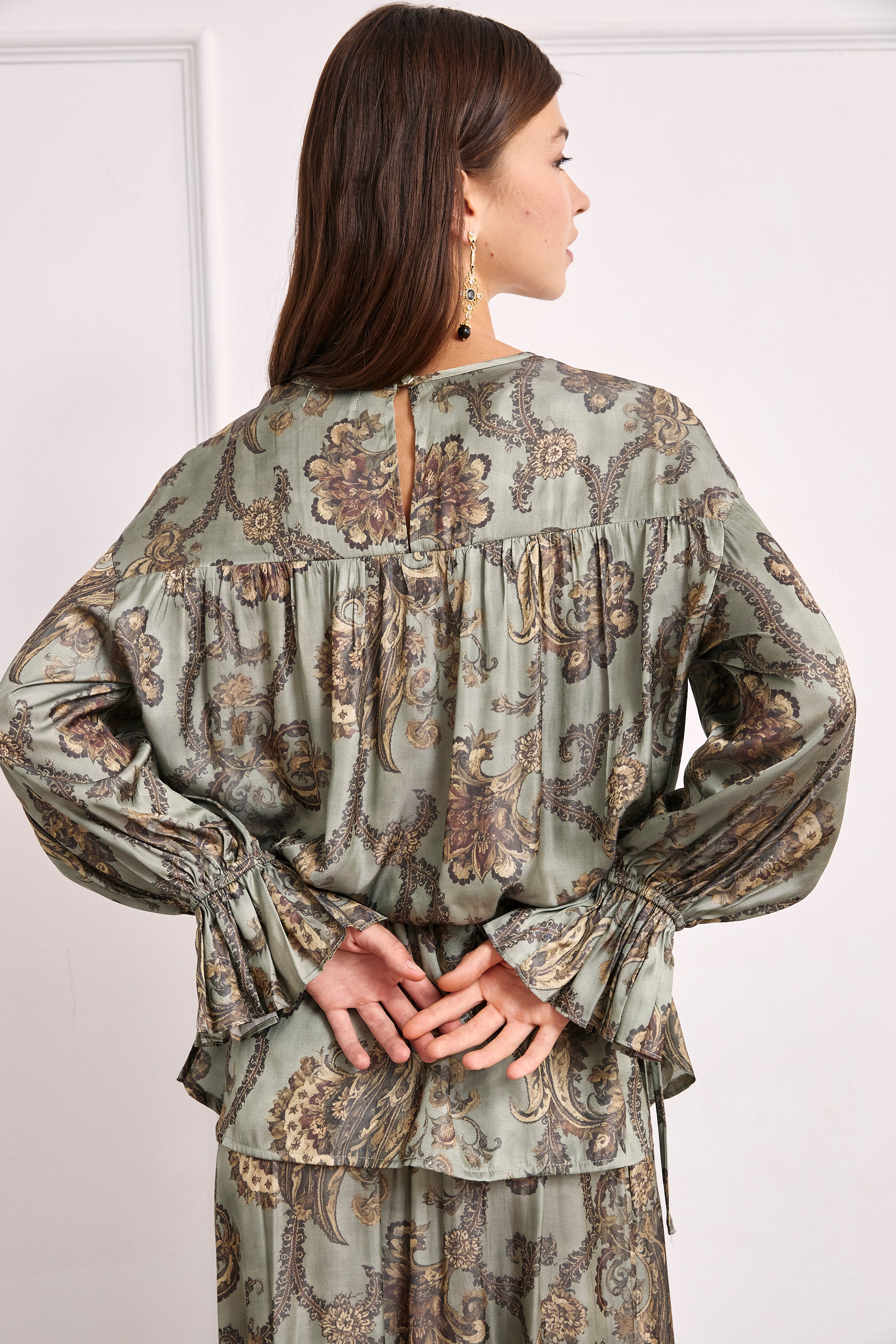 SILKY BLOUSE WITH HERALDIC FLOWERS - KHAKI