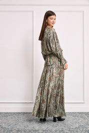 SILKY BLOUSE WITH HERALDIC FLOWERS - KHAKI