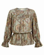 SILKY BLOUSE WITH HERALDIC FLOWERS - KHAKI