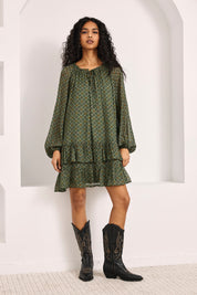 VESTIDO CORTO PATTERN FLORAL - VERDE