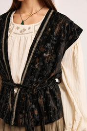 VELVET FLORAL PRINT VEST - BLACK - BLACK