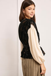 VELVET FLORAL PRINT VEST - BLACK - BLACK
