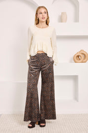 PRINTED VELVET TROUSERS - CHOCOLATE - CAMEL
