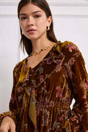 VESTIDO CORTO TERCIOPELO VOLANTES - BRONCE