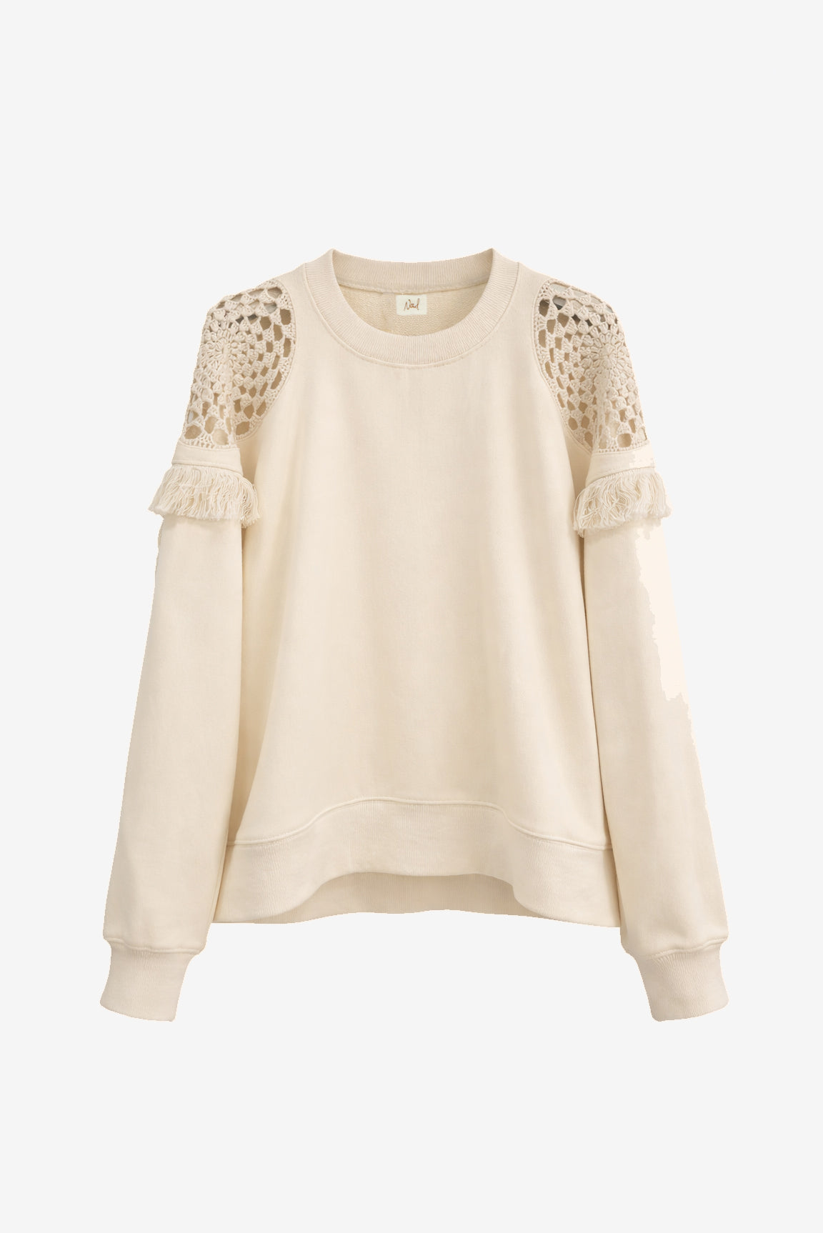 SUDADERA HOMBROS CALADOS Y FLECOS - CRUDO