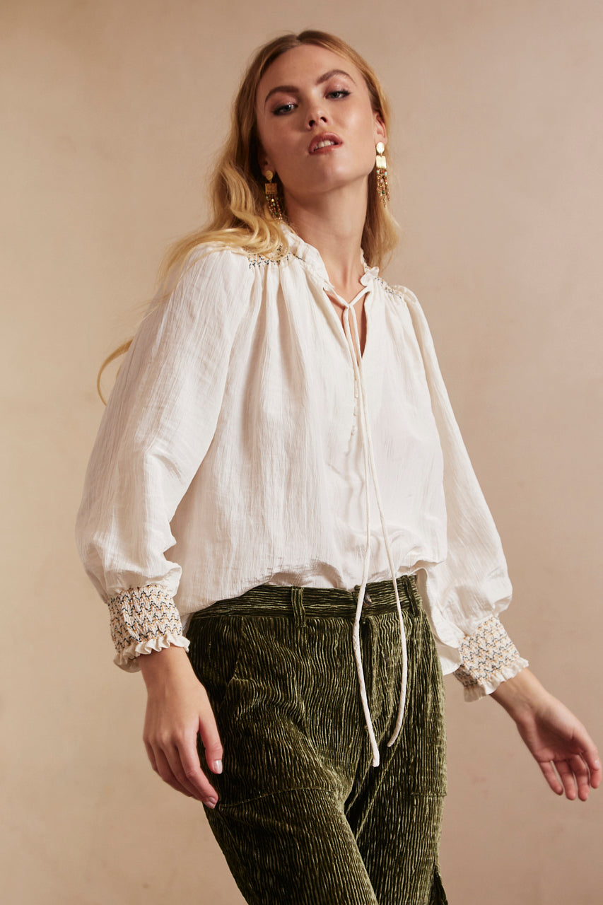 Long-sleeved blouse with elastic trim - ivory