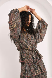 SHORT RUFFLED PRINT DRESS - GREY - GREY