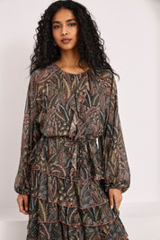 SHORT RUFFLED PRINT DRESS - GREY - GREY