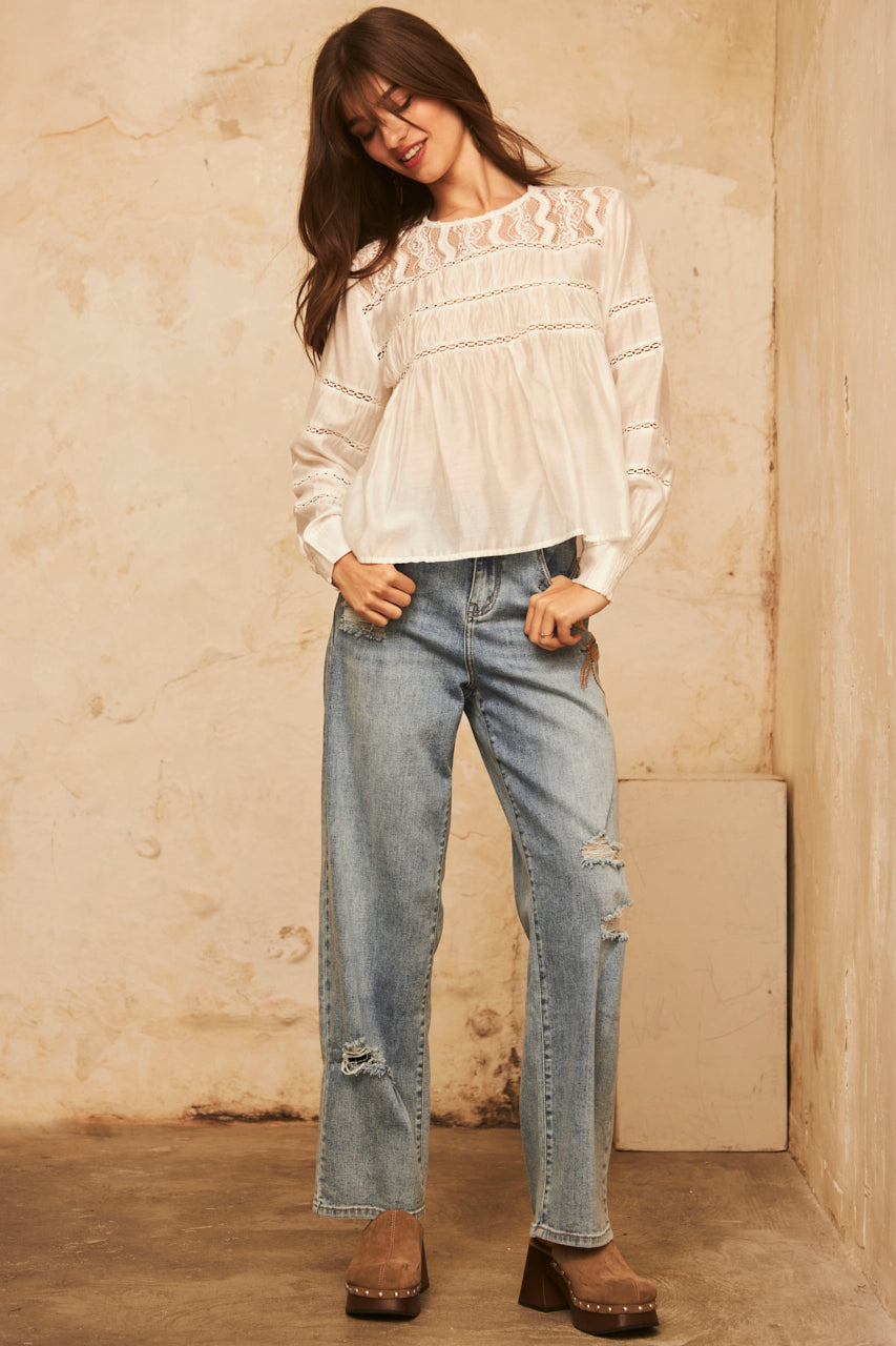 LONG SLEEVE BLOUSE WITH MATCHING BLONDE - WHITE