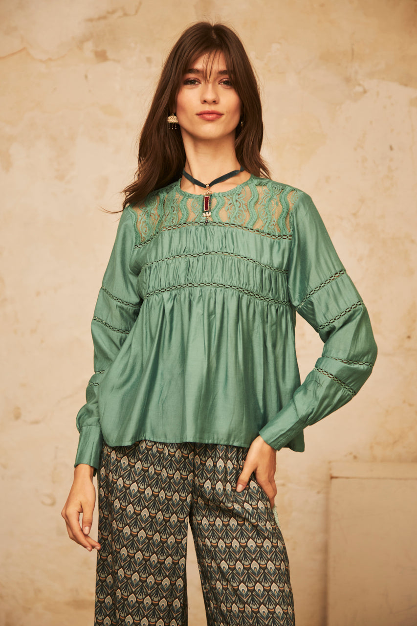 LONG SLEEVE BLOUSE WITH MATCHING BLONDE - GREEN