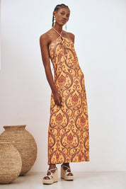 VESTIDO HALTER ESTAMPADO - OCRE