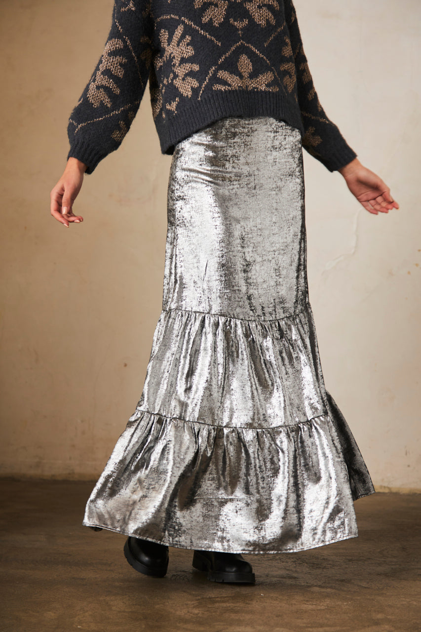 Long metallic skirt with cutouts - silver