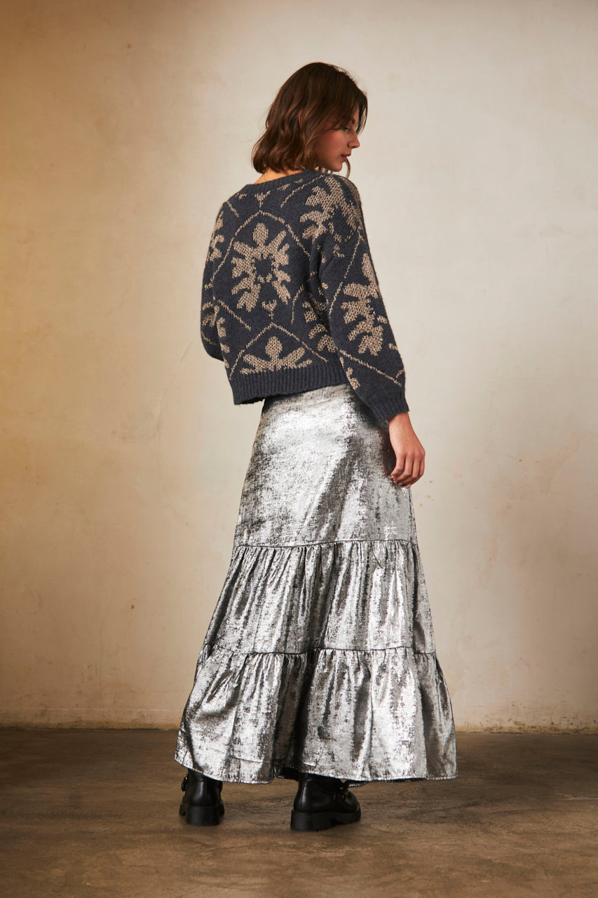 Long metallic skirt with cutouts - silver