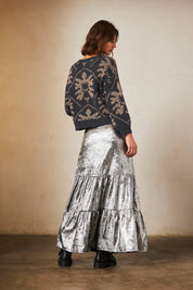 Long metallic skirt with cutouts - silver