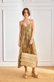 VESTIDO ESTAMPADO ESPALDA CINTA BORDADA - VERDE