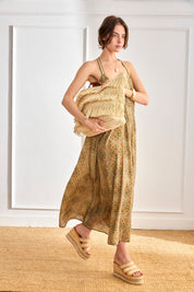 VESTIDO ESTAMPADO ESPALDA CINTA BORDADA - VERDE